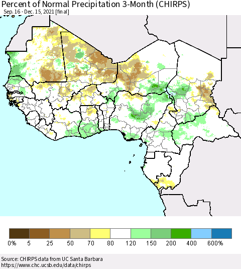 Western Africa Percent of Normal Precipitation 3-Month (CHIRPS) Thematic Map For 9/16/2021 - 12/15/2021
