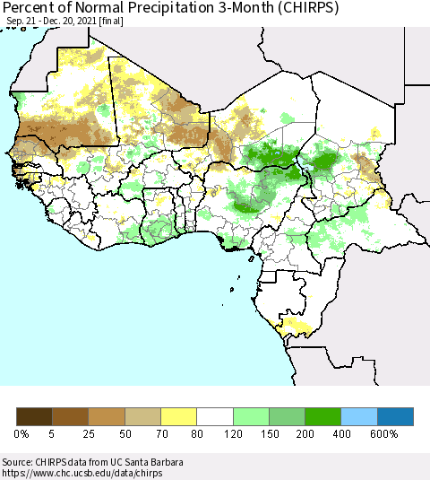 Western Africa Percent of Normal Precipitation 3-Month (CHIRPS) Thematic Map For 9/21/2021 - 12/20/2021
