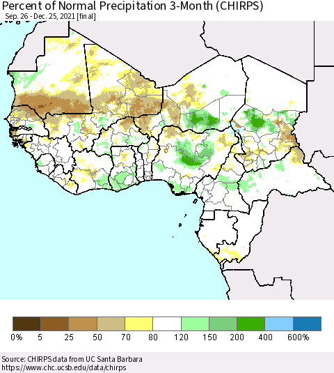 Western Africa Percent of Normal Precipitation 3-Month (CHIRPS) Thematic Map For 9/26/2021 - 12/25/2021