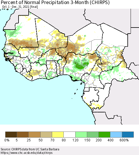 Western Africa Percent of Normal Precipitation 3-Month (CHIRPS) Thematic Map For 10/1/2021 - 12/31/2021