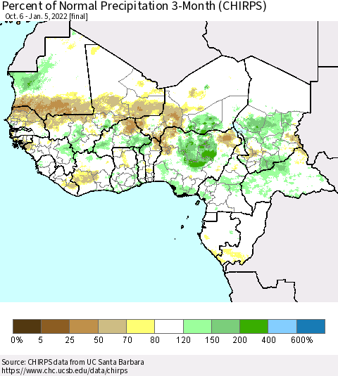 Western Africa Percent of Normal Precipitation 3-Month (CHIRPS) Thematic Map For 10/6/2021 - 1/5/2022