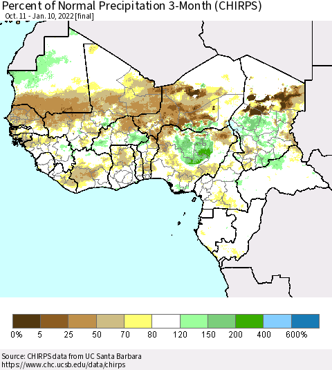 Western Africa Percent of Normal Precipitation 3-Month (CHIRPS) Thematic Map For 10/11/2021 - 1/10/2022