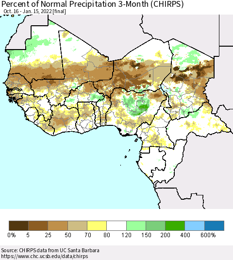 Western Africa Percent of Normal Precipitation 3-Month (CHIRPS) Thematic Map For 10/16/2021 - 1/15/2022