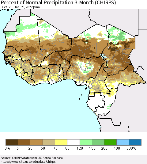 Western Africa Percent of Normal Precipitation 3-Month (CHIRPS) Thematic Map For 10/21/2021 - 1/20/2022