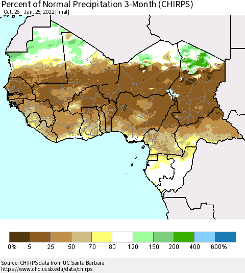 Western Africa Percent of Normal Precipitation 3-Month (CHIRPS) Thematic Map For 10/26/2021 - 1/25/2022