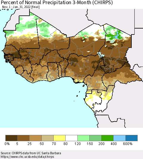 Western Africa Percent of Normal Precipitation 3-Month (CHIRPS) Thematic Map For 11/1/2021 - 1/31/2022