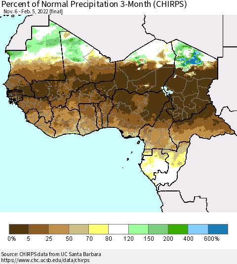 Western Africa Percent of Normal Precipitation 3-Month (CHIRPS) Thematic Map For 11/6/2021 - 2/5/2022