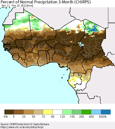 Western Africa Percent of Normal Precipitation 3-Month (CHIRPS) Thematic Map For 11/11/2021 - 2/10/2022