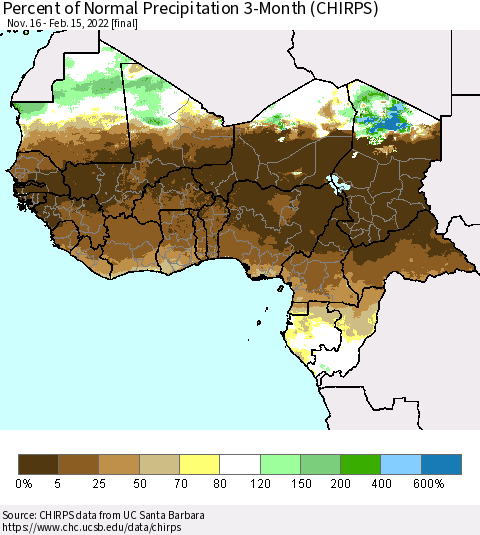 Western Africa Percent of Normal Precipitation 3-Month (CHIRPS) Thematic Map For 11/16/2021 - 2/15/2022