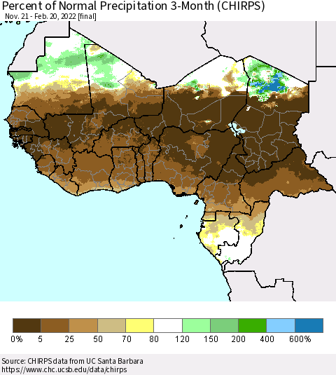 Western Africa Percent of Normal Precipitation 3-Month (CHIRPS) Thematic Map For 11/21/2021 - 2/20/2022