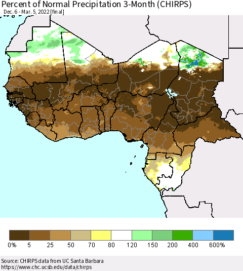 Western Africa Percent of Normal Precipitation 3-Month (CHIRPS) Thematic Map For 12/6/2021 - 3/5/2022