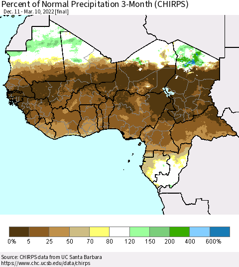 Western Africa Percent of Normal Precipitation 3-Month (CHIRPS) Thematic Map For 12/11/2021 - 3/10/2022