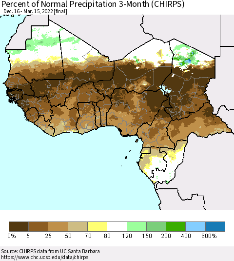 Western Africa Percent of Normal Precipitation 3-Month (CHIRPS) Thematic Map For 12/16/2021 - 3/15/2022