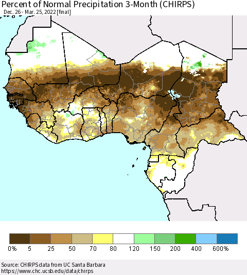 Western Africa Percent of Normal Precipitation 3-Month (CHIRPS) Thematic Map For 12/26/2021 - 3/25/2022