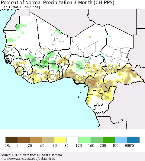 Western Africa Percent of Normal Precipitation 3-Month (CHIRPS) Thematic Map For 1/1/2022 - 3/31/2022