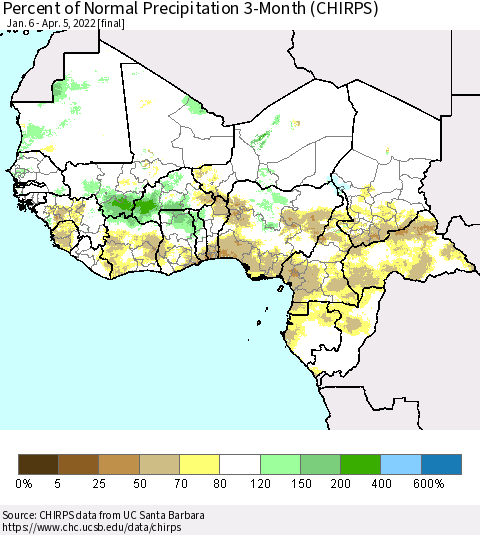 Western Africa Percent of Normal Precipitation 3-Month (CHIRPS) Thematic Map For 1/6/2022 - 4/5/2022