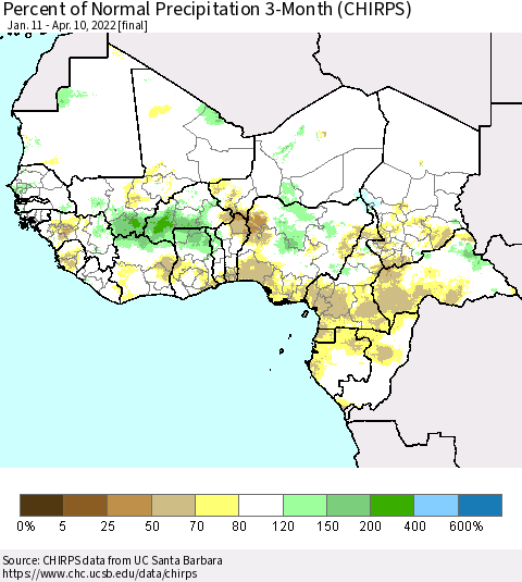 Western Africa Percent of Normal Precipitation 3-Month (CHIRPS) Thematic Map For 1/11/2022 - 4/10/2022