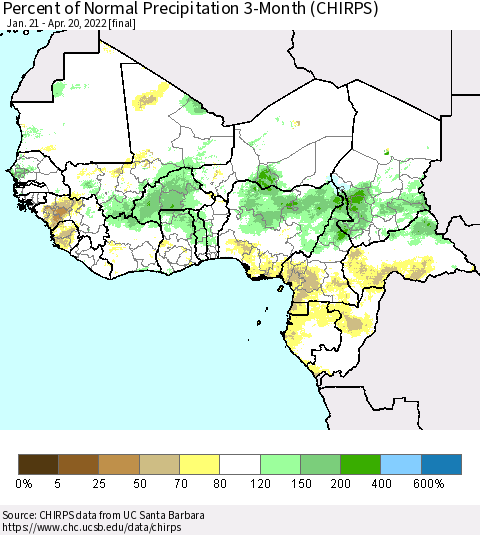 Western Africa Percent of Normal Precipitation 3-Month (CHIRPS) Thematic Map For 1/21/2022 - 4/20/2022