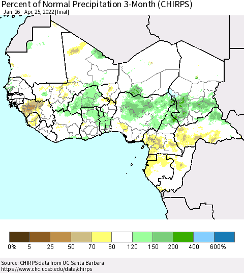 Western Africa Percent of Normal Precipitation 3-Month (CHIRPS) Thematic Map For 1/26/2022 - 4/25/2022