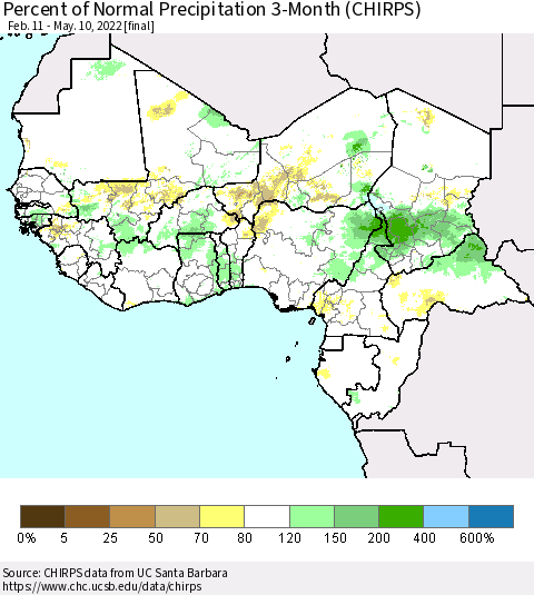 Western Africa Percent of Normal Precipitation 3-Month (CHIRPS) Thematic Map For 2/11/2022 - 5/10/2022