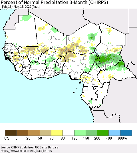 Western Africa Percent of Normal Precipitation 3-Month (CHIRPS) Thematic Map For 2/16/2022 - 5/15/2022