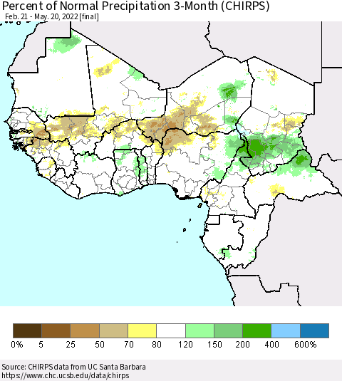 Western Africa Percent of Normal Precipitation 3-Month (CHIRPS) Thematic Map For 2/21/2022 - 5/20/2022