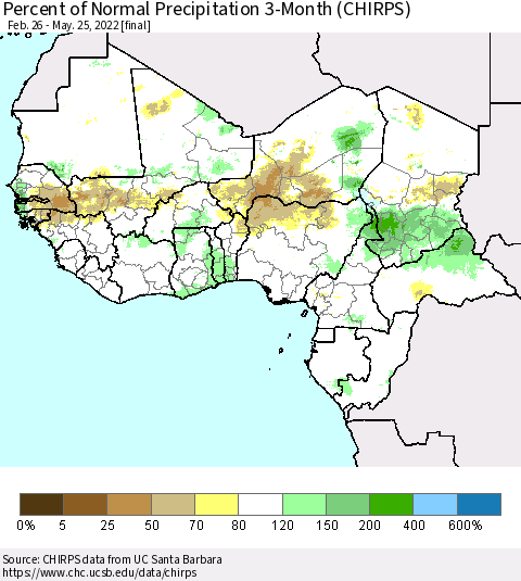 Western Africa Percent of Normal Precipitation 3-Month (CHIRPS) Thematic Map For 2/26/2022 - 5/25/2022