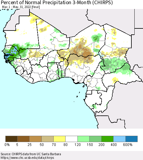 Western Africa Percent of Normal Precipitation 3-Month (CHIRPS) Thematic Map For 3/1/2022 - 5/31/2022