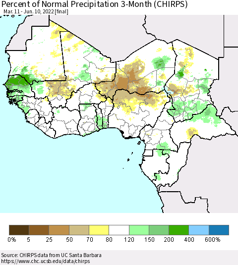 Western Africa Percent of Normal Precipitation 3-Month (CHIRPS) Thematic Map For 3/11/2022 - 6/10/2022