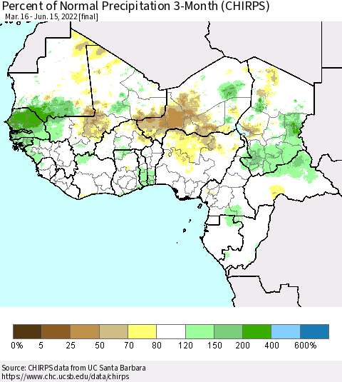 Western Africa Percent of Normal Precipitation 3-Month (CHIRPS) Thematic Map For 3/16/2022 - 6/15/2022
