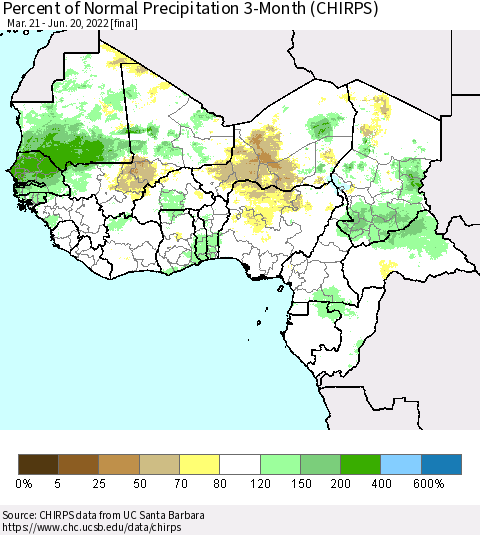 Western Africa Percent of Normal Precipitation 3-Month (CHIRPS) Thematic Map For 3/21/2022 - 6/20/2022