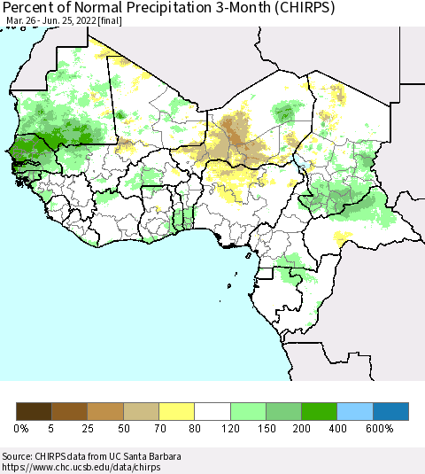 Western Africa Percent of Normal Precipitation 3-Month (CHIRPS) Thematic Map For 3/26/2022 - 6/25/2022
