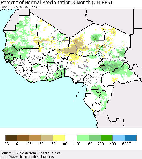 Western Africa Percent of Normal Precipitation 3-Month (CHIRPS) Thematic Map For 4/1/2022 - 6/30/2022