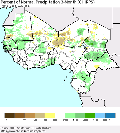 Western Africa Percent of Normal Precipitation 3-Month (CHIRPS) Thematic Map For 4/6/2022 - 7/5/2022