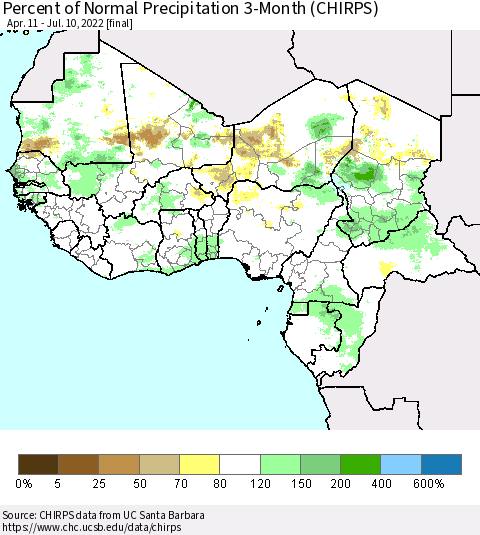 Western Africa Percent of Normal Precipitation 3-Month (CHIRPS) Thematic Map For 4/11/2022 - 7/10/2022