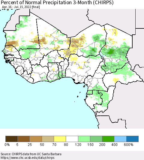 Western Africa Percent of Normal Precipitation 3-Month (CHIRPS) Thematic Map For 4/16/2022 - 7/15/2022