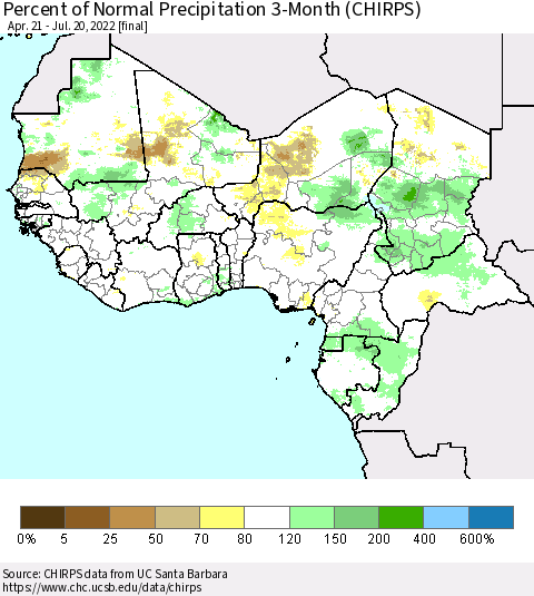 Western Africa Percent of Normal Precipitation 3-Month (CHIRPS) Thematic Map For 4/21/2022 - 7/20/2022