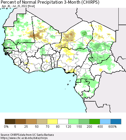 Western Africa Percent of Normal Precipitation 3-Month (CHIRPS) Thematic Map For 4/26/2022 - 7/25/2022