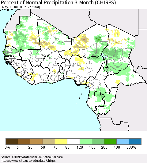 Western Africa Percent of Normal Precipitation 3-Month (CHIRPS) Thematic Map For 5/1/2022 - 7/31/2022