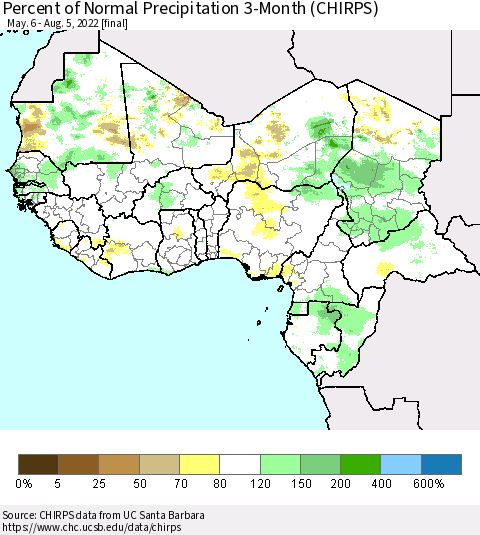 Western Africa Percent of Normal Precipitation 3-Month (CHIRPS) Thematic Map For 5/6/2022 - 8/5/2022