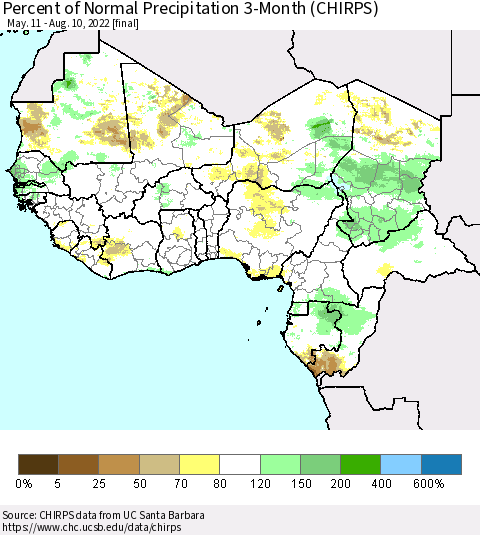 Western Africa Percent of Normal Precipitation 3-Month (CHIRPS) Thematic Map For 5/11/2022 - 8/10/2022