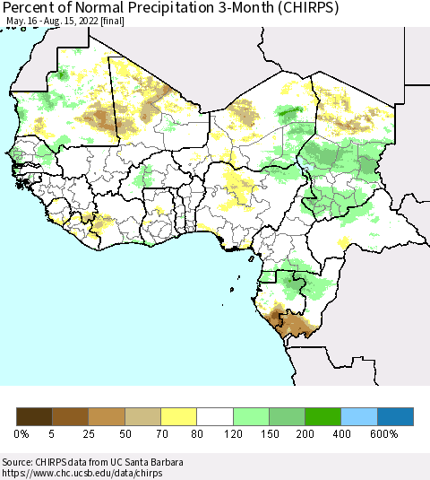 Western Africa Percent of Normal Precipitation 3-Month (CHIRPS) Thematic Map For 5/16/2022 - 8/15/2022