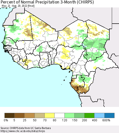 Western Africa Percent of Normal Precipitation 3-Month (CHIRPS) Thematic Map For 5/21/2022 - 8/20/2022