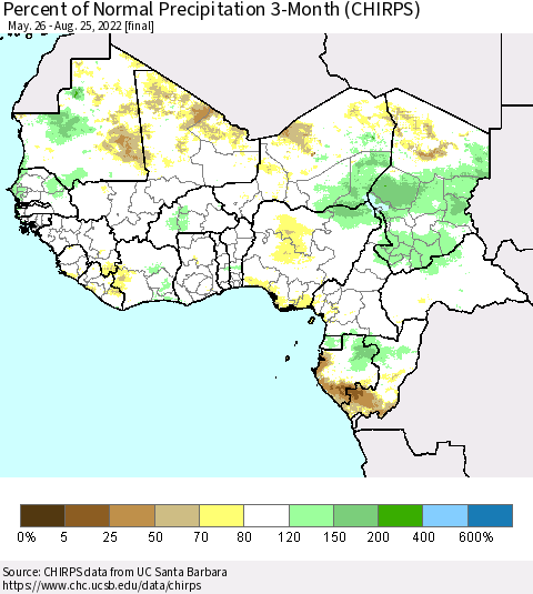 Western Africa Percent of Normal Precipitation 3-Month (CHIRPS) Thematic Map For 5/26/2022 - 8/25/2022