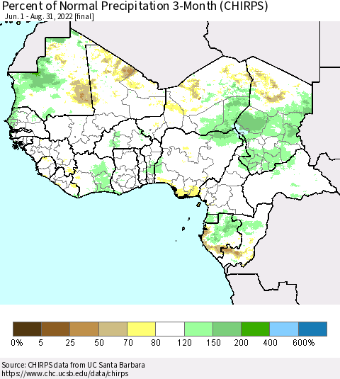 Western Africa Percent of Normal Precipitation 3-Month (CHIRPS) Thematic Map For 6/1/2022 - 8/31/2022