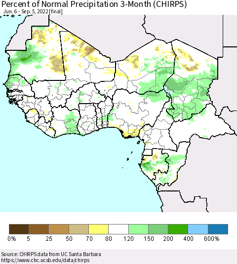 Western Africa Percent of Normal Precipitation 3-Month (CHIRPS) Thematic Map For 6/6/2022 - 9/5/2022