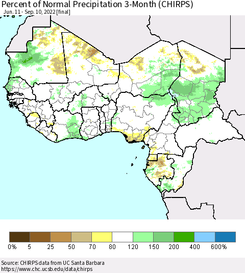 Western Africa Percent of Normal Precipitation 3-Month (CHIRPS) Thematic Map For 6/11/2022 - 9/10/2022