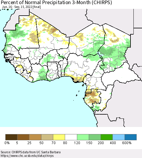 Western Africa Percent of Normal Precipitation 3-Month (CHIRPS) Thematic Map For 6/16/2022 - 9/15/2022