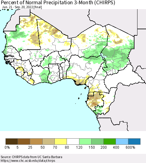 Western Africa Percent of Normal Precipitation 3-Month (CHIRPS) Thematic Map For 6/21/2022 - 9/20/2022