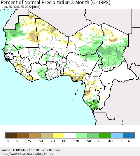 Western Africa Percent of Normal Precipitation 3-Month (CHIRPS) Thematic Map For 6/26/2022 - 9/25/2022